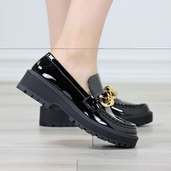Womens Chunky Penny Loafer Lug Sole Slip On Platform Black Patent Gold Chain - Picture 12 of 15
